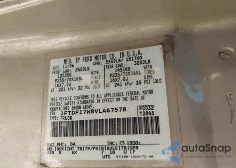 1997 Ford F-150 Lariat/Standard/Xl/Xlt from USA, damaged, VIN 1FTDF17W8VLA67578